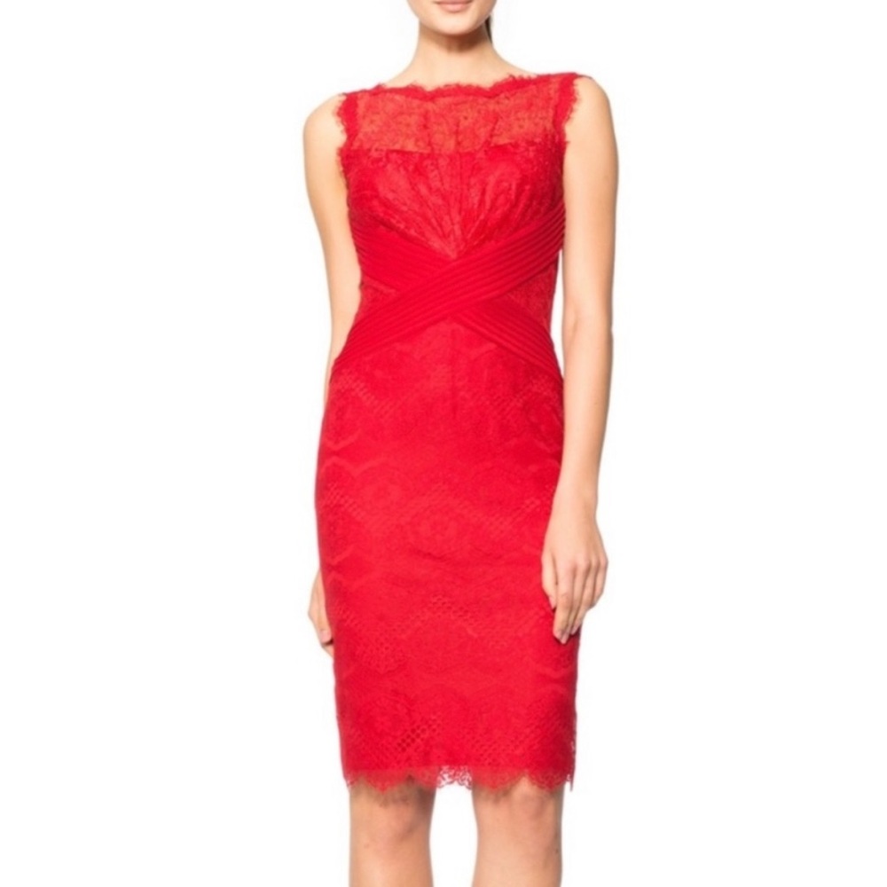 Tadashi Shoji Red Lace Boatneck Sleeveless Midi Cocktail Party Dress Size 4